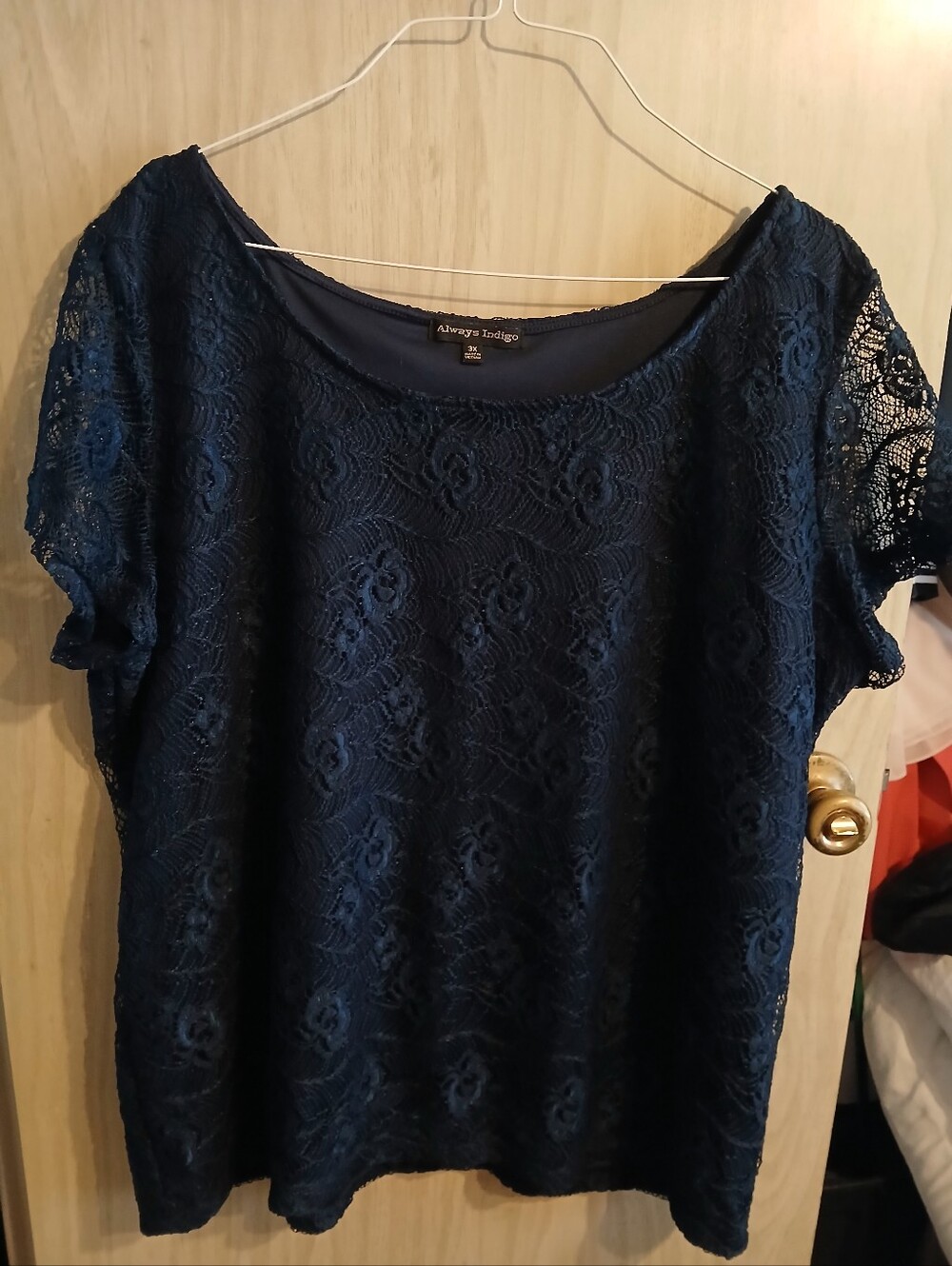 ALWAYS INDIGO WOMEN'S PLUS SIZE 3X BLUE LACE BLOUSE OVER SOLID LINING